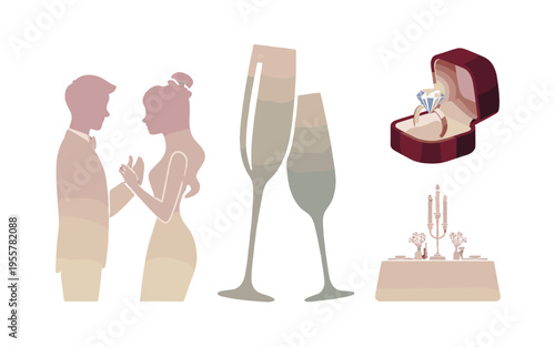 Romantic wedding elements illustration, showcasing couple, glasses and ring.