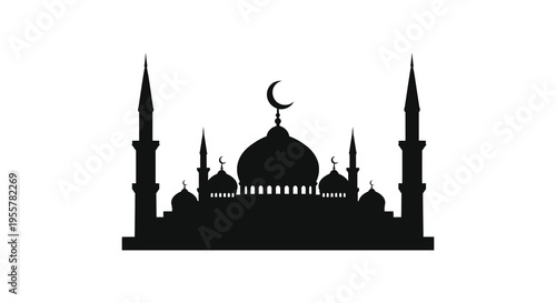 A striking black silhouette of a mosque with crescent moon and minarets silhouette high quality professional