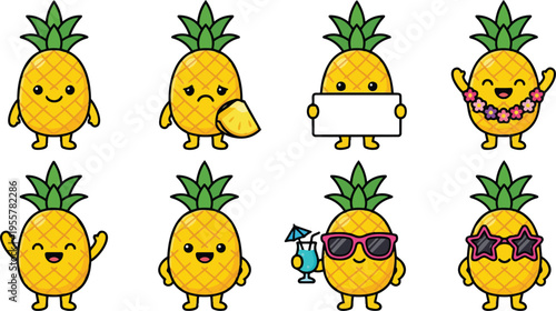 Flat design pineapple characters eight expressions holding sign sunglasses cocktail lei summer