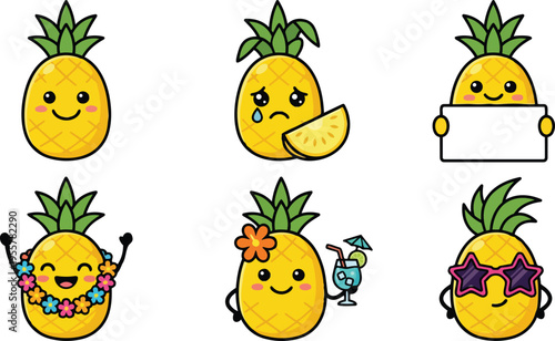 Kawaii pineapple characters smiling with slice sign lei cocktail and sunglasses in summer