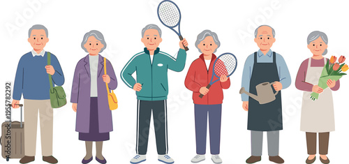 Happy group of senior people enjoying various hobbies and activities together in a cheerful setting