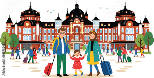 Happy family with luggage standing in front of a grand historic train station with travelers around them on a bright day