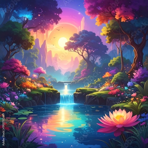 A vibrant, colorful landscape painting with a serene pond, waterfalls, and lush vegetation under a radiant sunset
