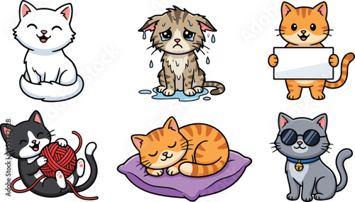 Cute cat characters six stickers including wet kitten sleeping on purple pillow and yarn playing