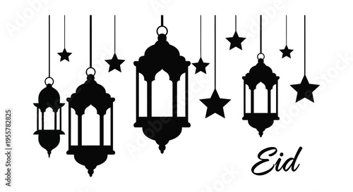Festive hanging lanterns and stars create a decorative eid arrangement presented in silhouette high quality professional