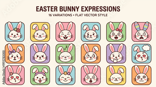 Easter Bunny Expressions A Collection of 16 Adorable Flat Vector Style Variations