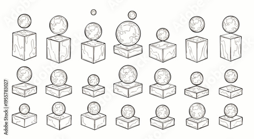 Collection of abstract geometric figures, spheres on cubes, representing growth, development, and diversity