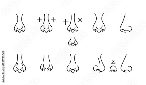 Rhinoplasty outline icon set with nose correction and cosmetic surgery symbols for web design isolated on white