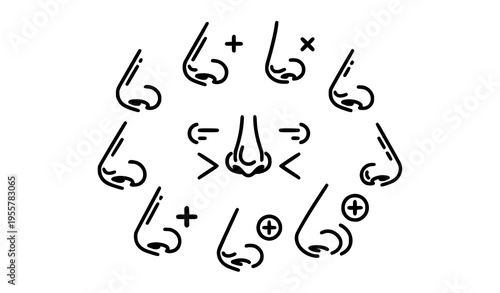 Rhinoplasty icon collection with bold outline nose surgery and cosmetic correction symbols in circular arrangement isolated on white