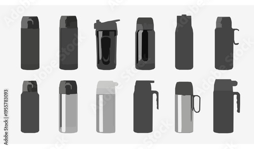 Realistic thermos mockup set with insulated bottle designs in multiple styles isolated on white background for product display