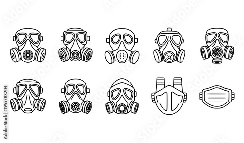 Gas mask line icon set with simple respirator and filter mask symbols in horizontal layout isolated on white
