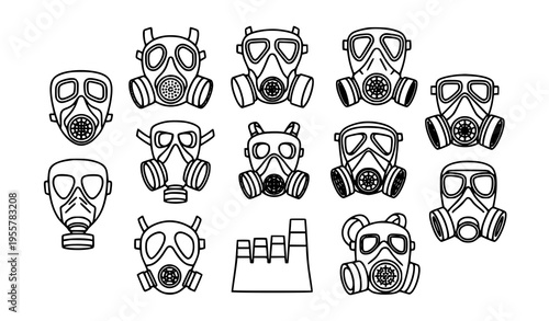 Gas mask icon collection with bold outline respirator and safety protection symbols in circular arrangement isolated on white