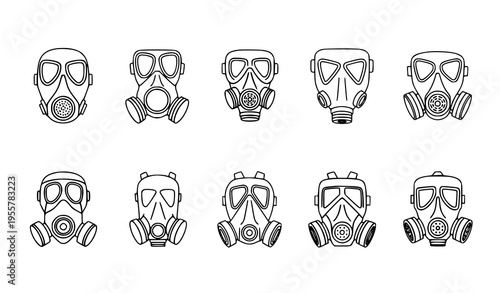 Gas mask icon set with simple outline respirator and safety mask symbols for web design isolated on white