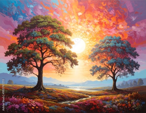 A vibrant, colorful landscape painting with two trees, a creek, and a brilliant, glowing sun setting