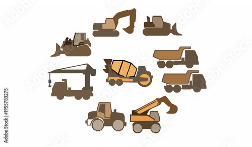Simple construction vehicle icon collection with bold outline heavy equipment icons in circular arrangement isolated on white