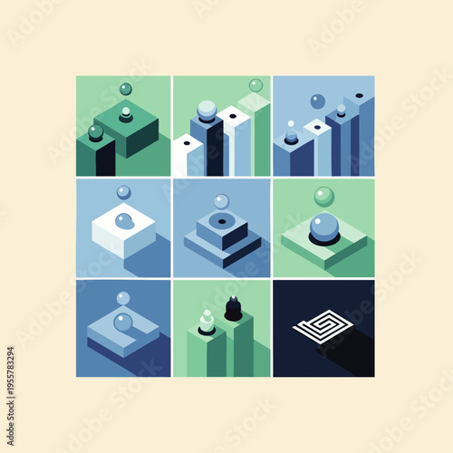 Abstract isometric geometric shapes with spheres and shadows, minimalist composition with blue and green colors.