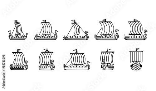 Viking drakkar ship line icon set with simple Norse longboat symbols in horizontal layout isolated on white