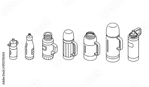 Isometric vacuum insulated water bottle outline icon set in linear arrangement with reusable stainless drink containers isolated on white