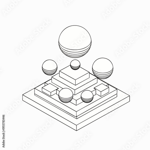 Abstract geometric composition with spheres and layered pyramid structure, isometric line art, minimalist design, futuristic concept