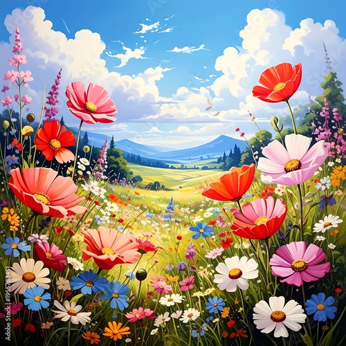 A vibrant, colorful meadow bursts with wildflowers under a sunny, cloud-filled sky, leading to distant mountains