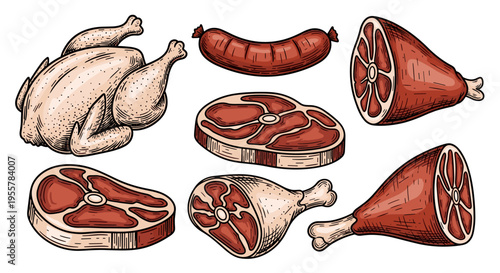 Assortment of raw meat cuts including a whole chicken, steaks, sausage, and ham hocks
