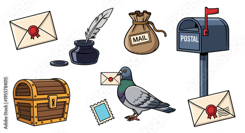 Collection of mail-related objects including a pigeon, mailbox, and treasure chest
