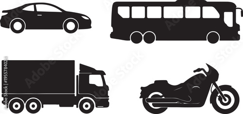 Vehicle Silhouette Icons Set – Minimal Black Car Bus Truck Motorcycle Bicycle Side View Collection