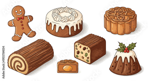 Collection of festive holiday baked goods and desserts, illustrated in a charming style