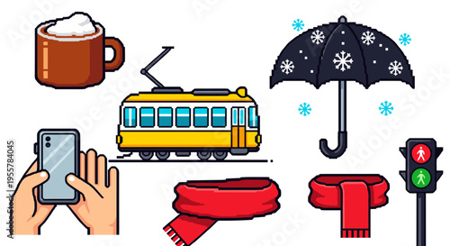 Pixel art collection of winter and city life icons with a tram and hot drink