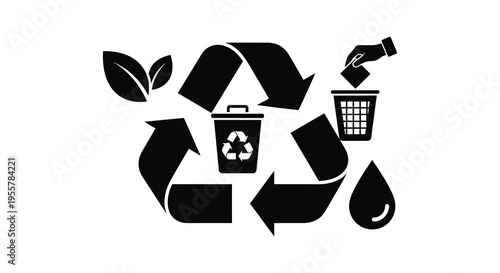 Recycling process illustration with leaves water and waste disposal silhouette