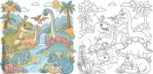 Cute Cartoon Dinosaur Park with Various Species Adorable Prehistoric Landscape