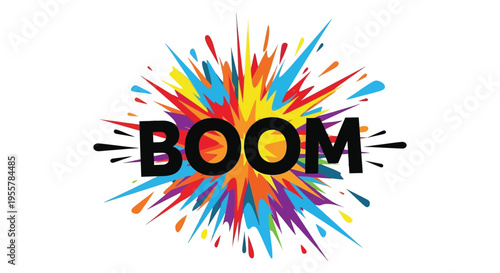 Colorful explosion graphic with bold boom text in a striking silhouette