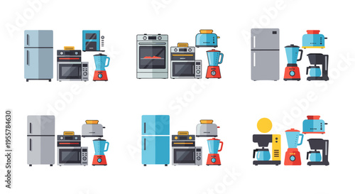 Collection of modern kitchen appliances including refrigerators, ovens, microwaves, blenders, and toasters