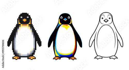 Three distinct penguin illustrations: pixel art, glitch effect, and outline drawing