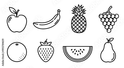 Collection of simple line art icons representing various fresh fruits on a white background