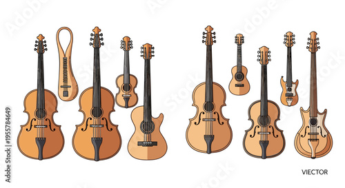 Collection of various stringed musical instruments, including guitars and violins