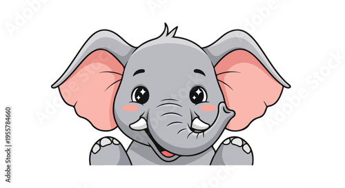 A cheerful cartoon elephant with large pink ears and a happy expression on a clean white background.