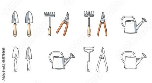 Collection of colorful and outline garden tools including trowels, rakes, pruners, and watering cans