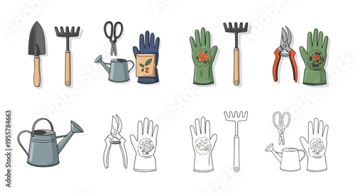 Collection of colorful and line art gardening tools and accessories for planting and cultivation