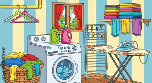 Bright cartoon laundry room scene with washing machine, ironing board, and colorful towels