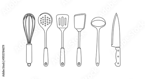 Collection of kitchen utensils in a clean line art style, isolated on white background