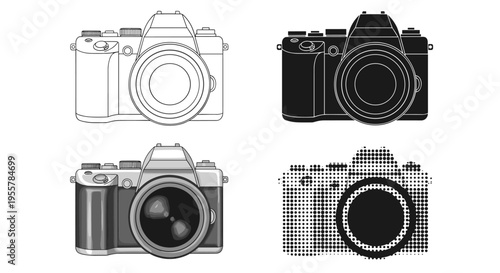 Four different artistic representations of a vintage camera, including line art, silhouette, and halftone