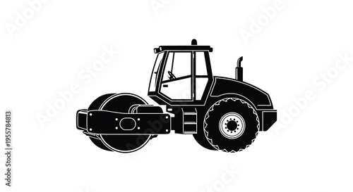 Black silhouette of a road roller machine against a white background silhouette
