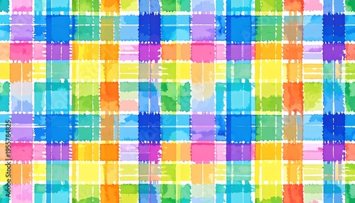 A vibrant, colorful plaid pattern with overlapping translucent brush strokes, creating a playful and textured aesthetic on a white backdrop
