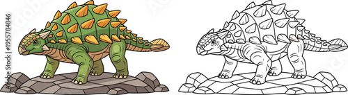Cartoon Ankylosaurus Dinosaur on Rocks Armored Prehistoric Wildlife Illustration