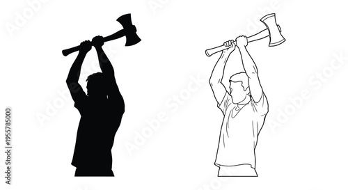 Two lumberjacks raising axes one depicted as a black silhouette
