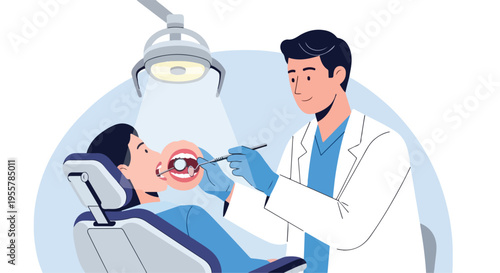 Dentist examining a patient's mouth with a dental tool in a medical setting.