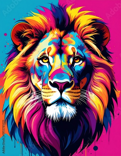 A vibrant, colorful portrait of a majestic lion with a stunning, rainbow-like mane against a split-tone background