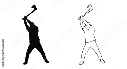 Two lumberjacks raising axes in dynamic poses black and white silhouette