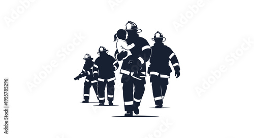 Firefighters rescuing a child walking toward the light dramatic silhouette